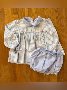 Light Blue Checkered Girls' Matching Top and Bloomers Set
